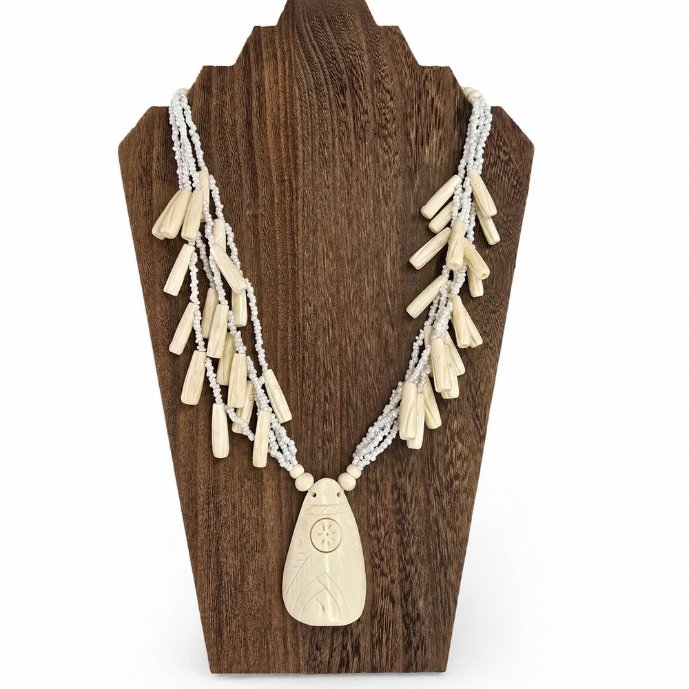 Vintage Carved Statement Necklace Multi Strand Seed Bead Tribal Pendant